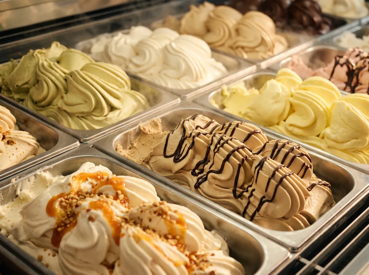 Gefüllte Gelatotheke mit Pistazie, Schokolade und Fruchtsorten