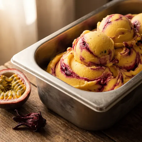 Passionsfruchtsorbet mit Hibiskusschlieren und einer halbierten Passionsfrucht